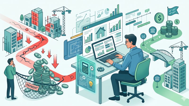 Современная иллюстрация с архитектурными чертежами и калькулятором для расчета стоимости проекта здания